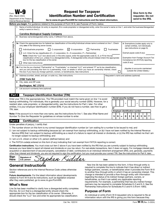 Need our W-9? Get a copy here-Carolina Biological Supply Co 